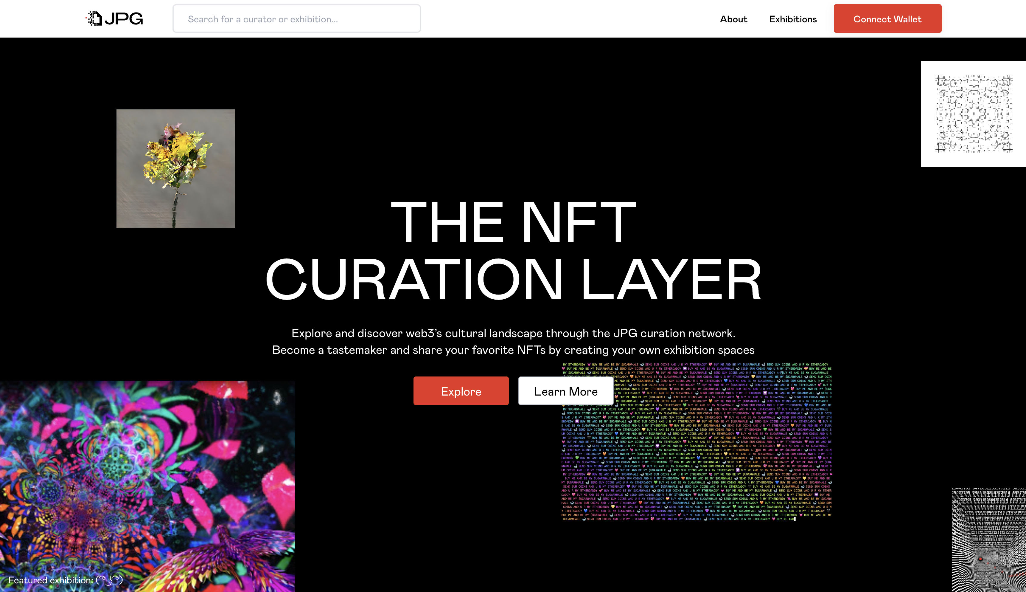 New homepage view, in this instance, featuring NFTs curated by Colborn